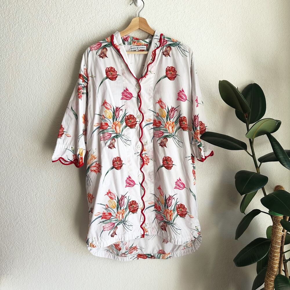 Heidi Carey Womens Floral Sleep Shirt Small Red Button Up 100% Cotton Cottage
